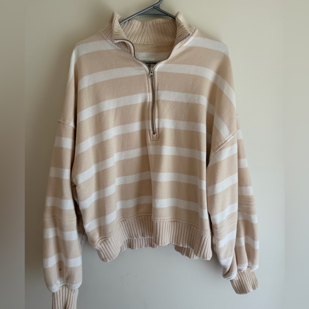 aerie Beige and White Striped Half-Zip Turtleneck Sweater